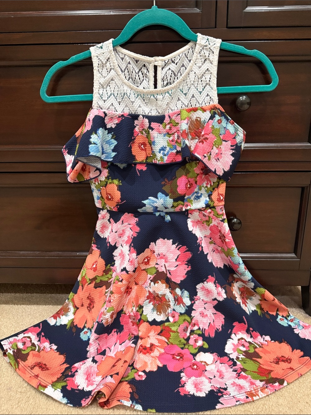 Girls Navy Floral Lace Yoke Ruffle Dress